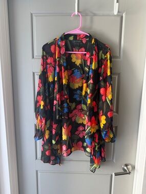 Investments Black Floral Open Cardigan with Pink, Yellow & Blue Flowers